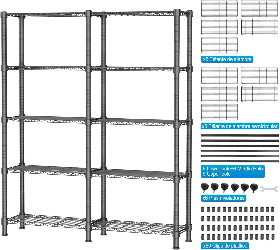 MXLENOBLE Estante de 5 repisas, Estantería de Almacenamiento Ajustable de estantes, Resistente en Ruedas de 4 Pulgadas, Estante Organizador de Metal, Cromado (IC085-B)