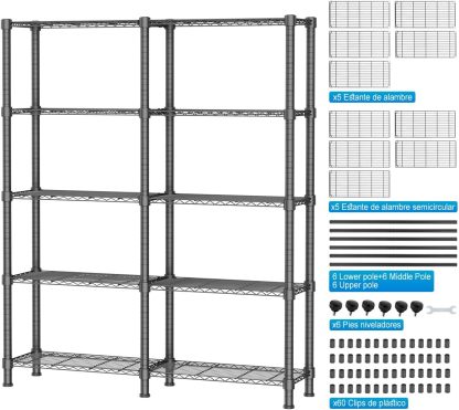 MXLENOBLE Estante de 5 repisas, Estantería de Almacenamiento Ajustable de estantes, Resistente en Ruedas de 4 Pulgadas, Estante Organizador de Metal, Cromado (IC085-B)