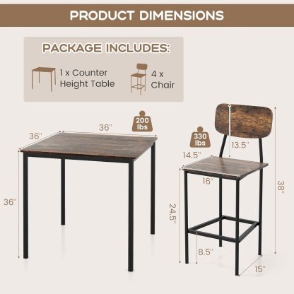 Juego de mesa de comedor de 5 piezas con mesa de altura y 4 taburetes de bar, juego de comedor industrial de cocina con reposapiés y respaldo, juego de comedor que ahorra espacio para pub,
