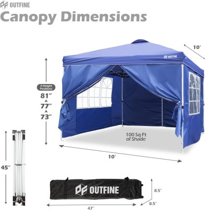 OUTFINE - Toldo desplegable de 10 x 10 pies, para cenador instantáneo, totalmente impermeable, toldos para fiestas al aire última intervensión con 4 paredes laterales extraíbles, estacas x 8, cuerdas x 4 (negro, 10 x 10 pies)