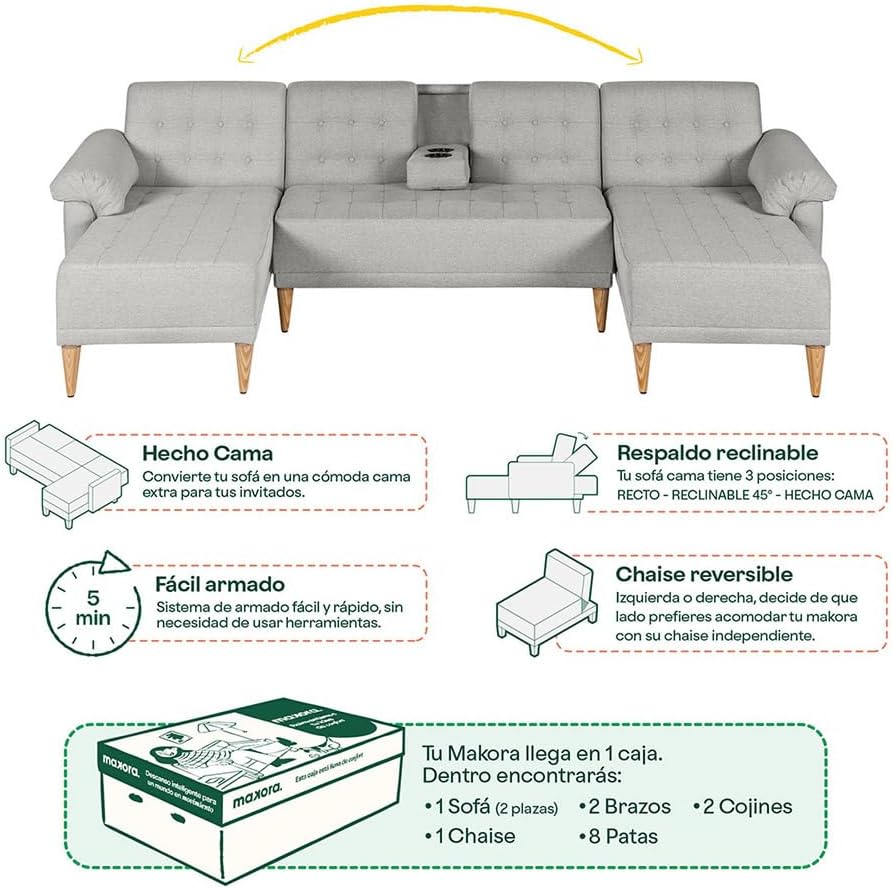 MAKORA Sala Modular Sofa Cama Brunello De 3 Plazas con Portavasos Memory Foam Respaldo Reclinable 3 Posiciones Recto Relax o Cama Perfecto para Departamento o Casa (Gris Claro)