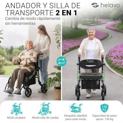 Helavo Andador 2 en 1 con Ruedas Todo Terreno de 10”, Silla de Ruedas Plegable Rollator Ligero con Función de Transporte, Altura Ajustable, Soporta hasta 136 kg