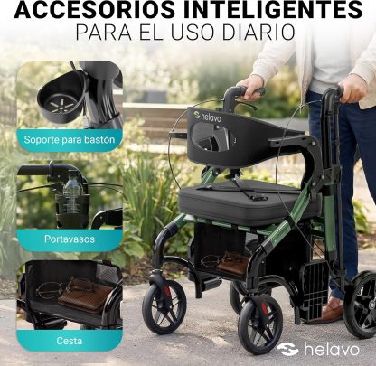 Helavo Andador 2 en 1 con Ruedas Todo Terreno de 10”, Silla de Ruedas Plegable Rollator Ligero con Función de Transporte, Altura Ajustable, Soporta hasta 136 kg
