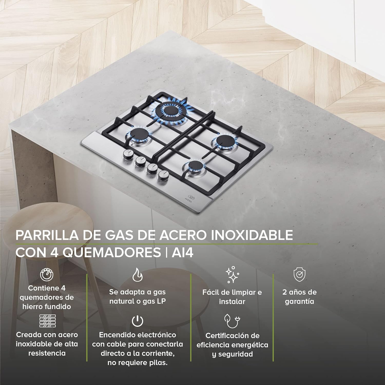 Parrilla de gas AVERA 4 fuegos, 60 cm de acero inoxidable (incluidos accesorios de montaje), encendido electrónico, pomos metálicos, placa integrada, apta para GLP y gas natural, AI4