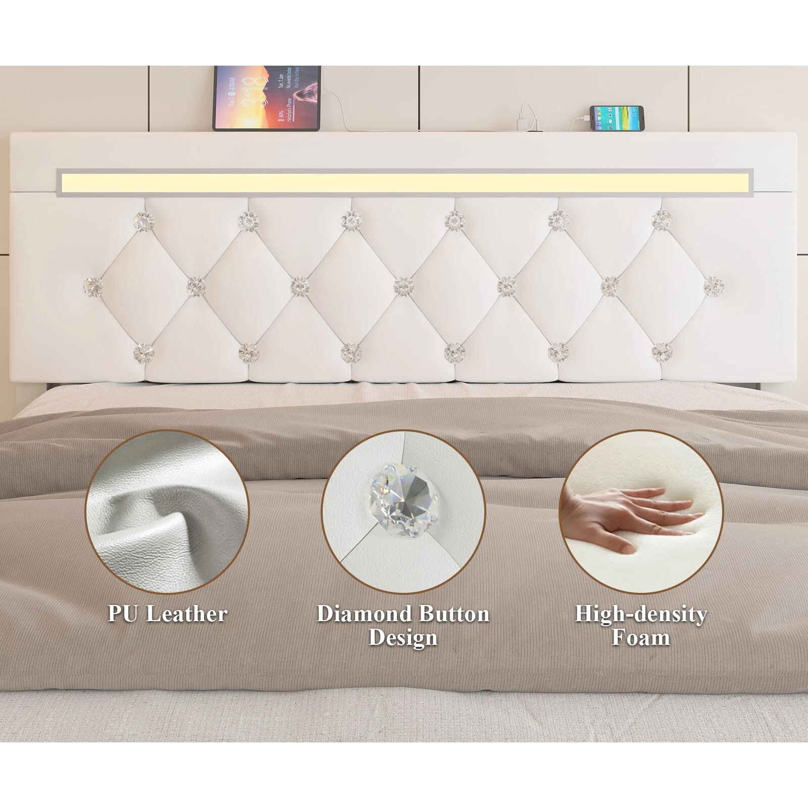 Marco de cama con plataforma tapizada en cuero de tamaño completo con luces LED y 4 cajones