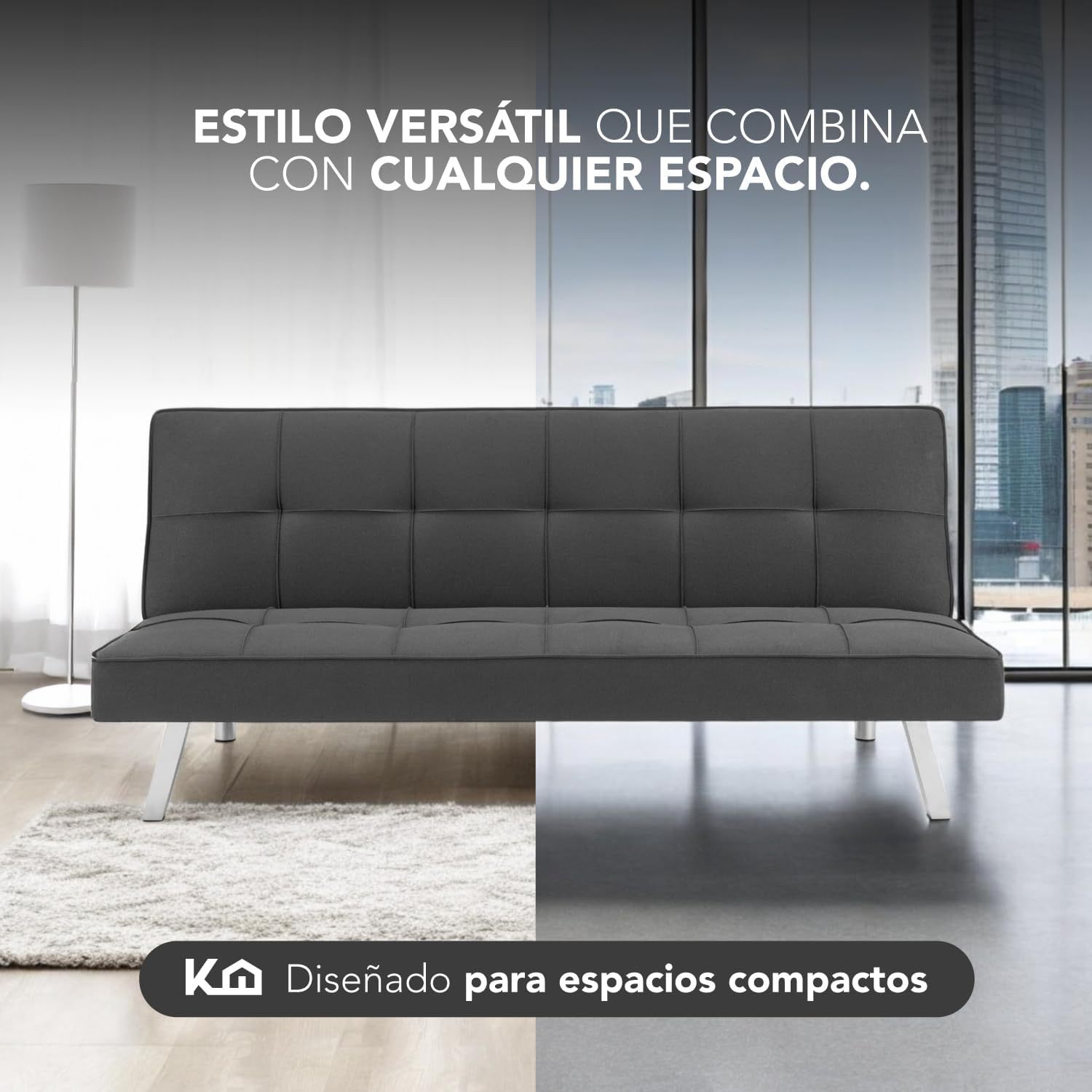 Kingshouse | Sillón Sofá Cama Plegable Vega - Sala Moderna Minimalista - Tapizado Poliéster - Acolchoado - Estructura De Madera - Gris - para 3 Personas - Departamento o Casa