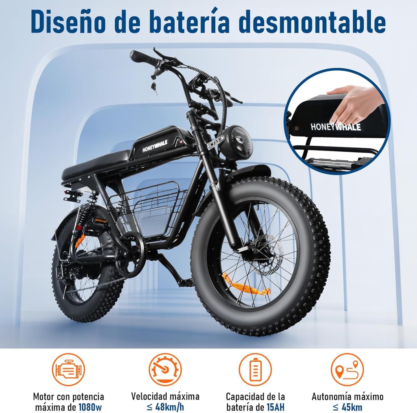 HONEYWHALE K7 Bicicleta Electrica para Adultos, Moto Bicicleta de Montaña de 7 Velocidades, Potencia del motor 1080 W, Velocidad Máxima 48KM/H, Batería (48V, 15AH), Autonomía 40-45KM