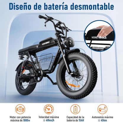 HONEYWHALE K7 Bicicleta Electrica para Adultos, Moto Bicicleta de Montaña de 7 Velocidades, Potencia del motor 1080 W, Velocidad Máxima 48KM/H, Batería (48V, 15AH), Autonomía 40-45KM