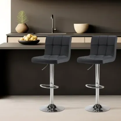 Conjunto de 4 taburetes de bar: Cuero PU de lujo, giratorios y ajustables, taburetes de mostrador de cocina sin brazos con cojín engrosado y respaldo, taburetes de bar de isla hidráulica, negro