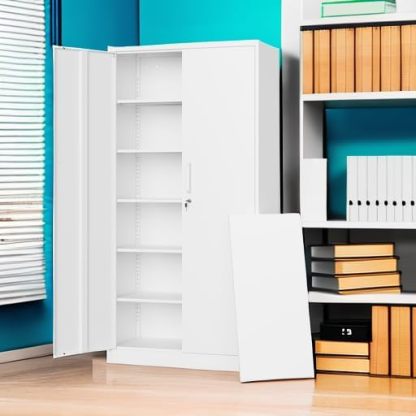 Letaya - Armarios de almacenamiento de metal con puerta de cerradura, armarios de acero, 5 estantes ajustables para el hogar, oficina, almacén (blanco)