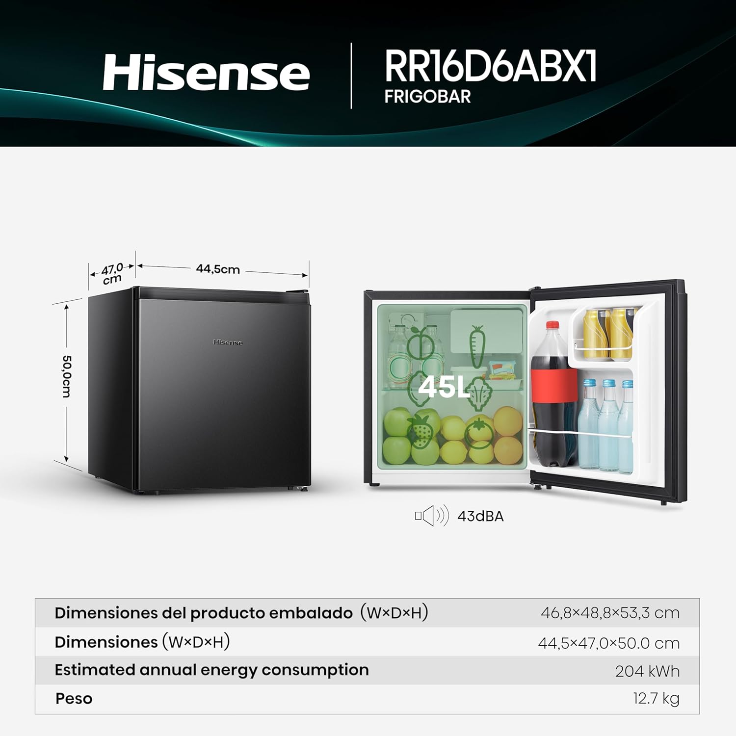 Hisense RR16D6ABX1- Frigobar, 1.6 pies cúbicos, Congelador independiente, Termostato ajustable, Estantes para botellas de 2 litros, 45x47x50cm(AnchoxLargoxAlto), Negro