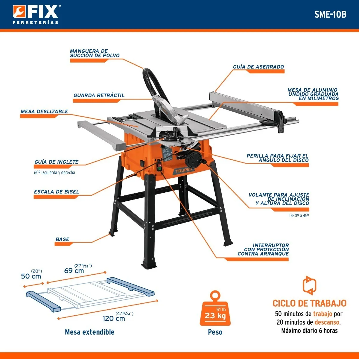 Sierra de mesa 10'' 2 1/2 HP Truper SME-10B
