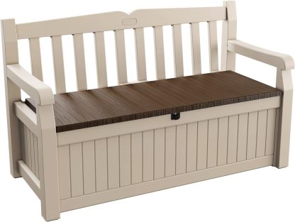 Keter Banco de jardín Eden, Caja de Almacenamiento de Jardin, Cerradura, Polipropileno, Blanco y Marrón