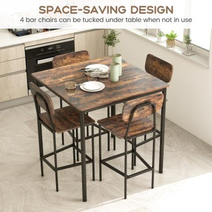 Juego de mesa de comedor de 5 piezas con mesa de altura y 4 taburetes de bar, juego de comedor industrial de cocina con reposapiés y respaldo, juego de comedor que ahorra espacio para pub,