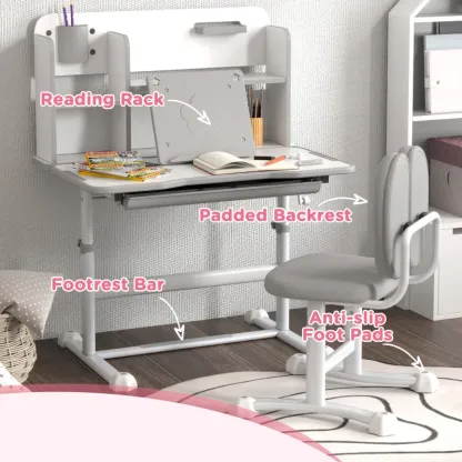 Qaba Juego de escritorio y silla para niños de altura ajustable para escribir y dibujar con escritorio inclinable, cajón de almacenamiento y estante de lectura