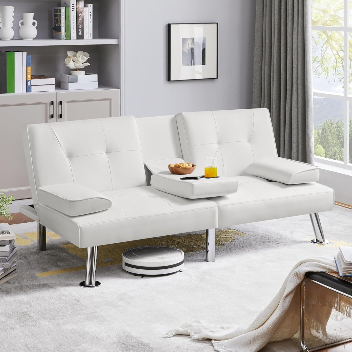 Yaheetech - Sofá cama convertible ajustable, moderno sillón reclinable, piel sintética, plegable, cama de invitados, reposabrazos extraíbles, portavasos 3 ángulos, capacidad de 317 kg, blanco