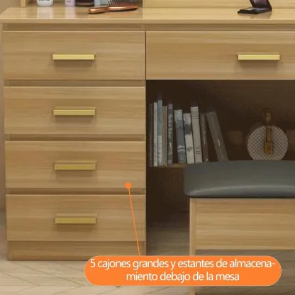 Tocador,Tocador de Maquillaje con Luces de Espejo, Vanity Tocador con 5 Cajones,Estantes de Almacenamiento,Taburete Acolchado, Tocador con 3 Estantes, Mesa de Maquillaje para Dormitorio Blanco