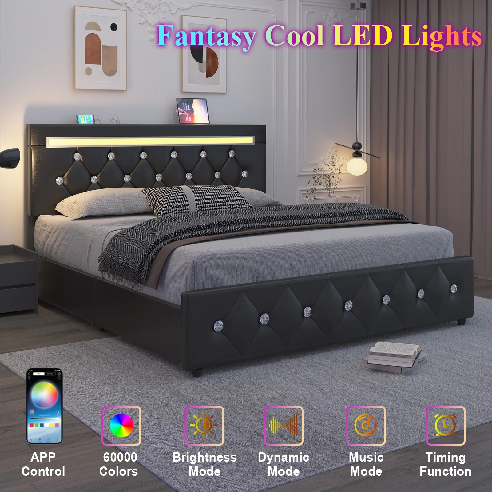 Marco de cama con plataforma tapizada en cuero de tamaño completo con luces LED y 4 cajones