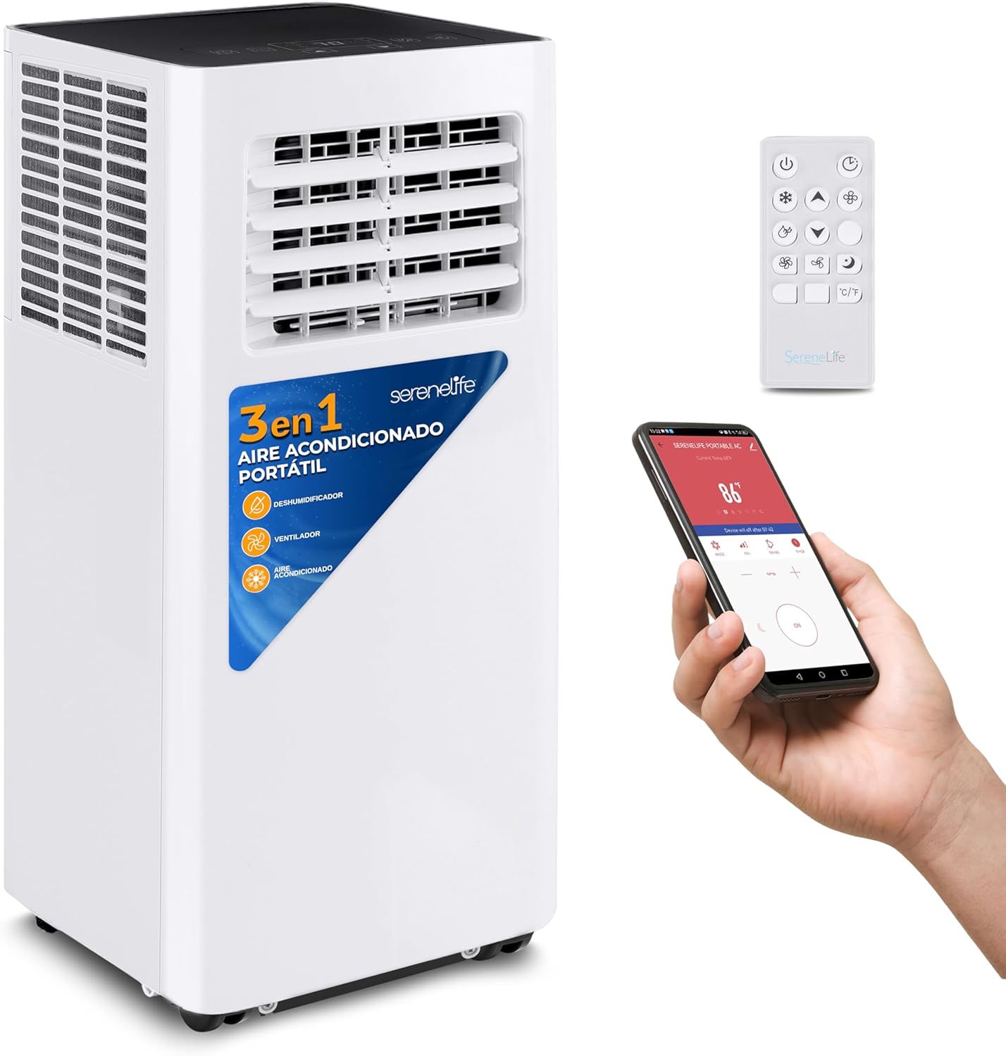 SereneLife Aire Acondicionado Portátil 10000 BTU WiFi con Deshumidificador Incorporado, para habitaciones de hasta 42mts, Control Remoto y App, Incluye Kit de Montaje para Ventana