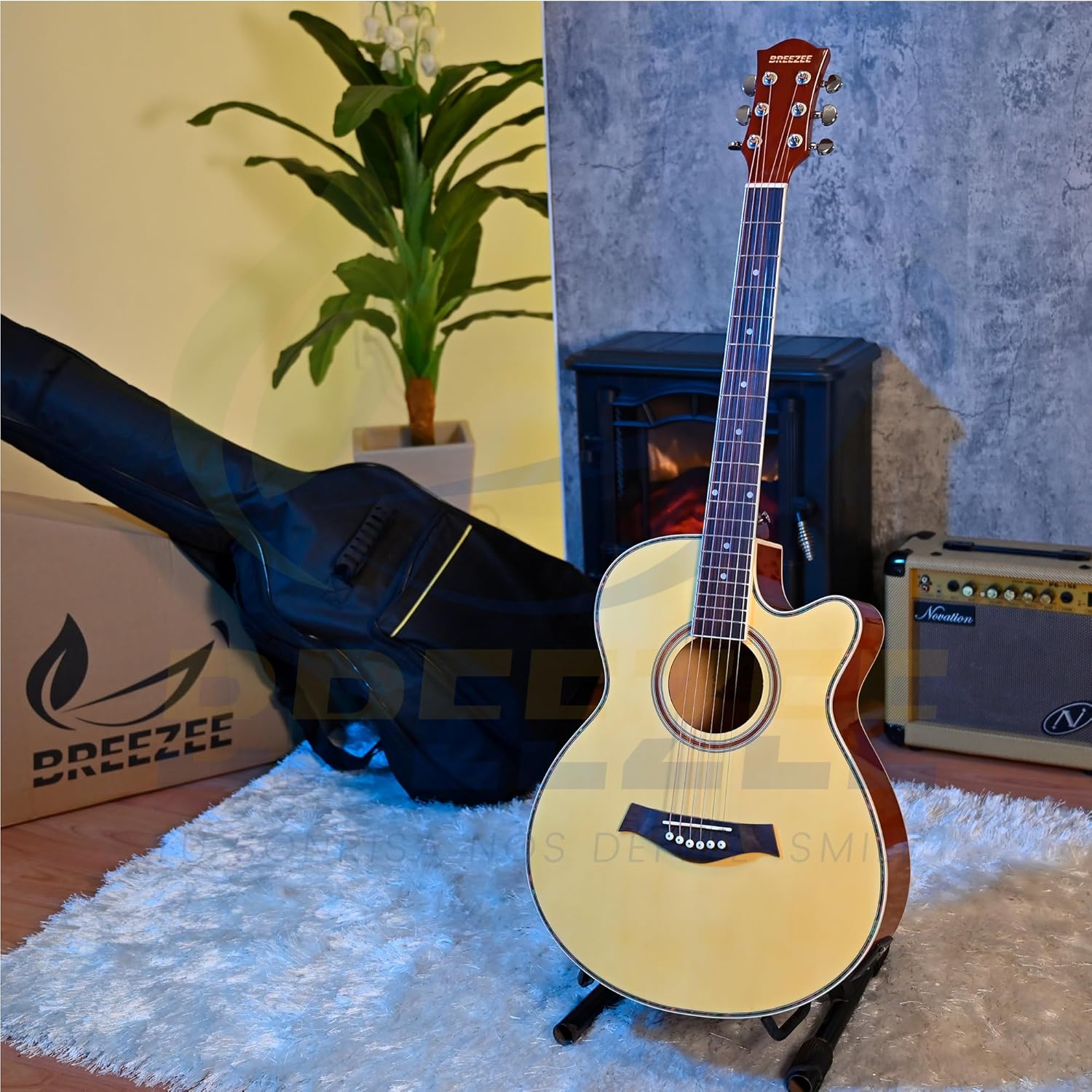 BREEZEE Guitarra Electroacústica de 40” Diseñada sobre Abeto, Merbau, Okume y Palisandro. Acabado de Barniz en Pulverización, Incluye Set de Accesorios Completo para Principiante