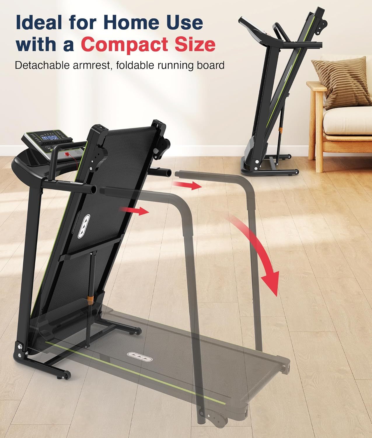Redliro - Cinta de correr para caminar con pasamanos largos para equilibrio, mÃ¡quina de ejercicio de recuperaciÃ³n de fitness, plegable para uso domÃ©stico con soporte para telÃ©fono y taza