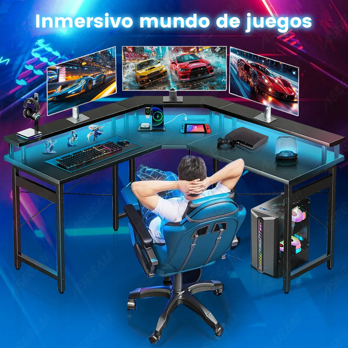 Escritorio Gamer En Forma De L Con Luz Led , Toma Y Soporte