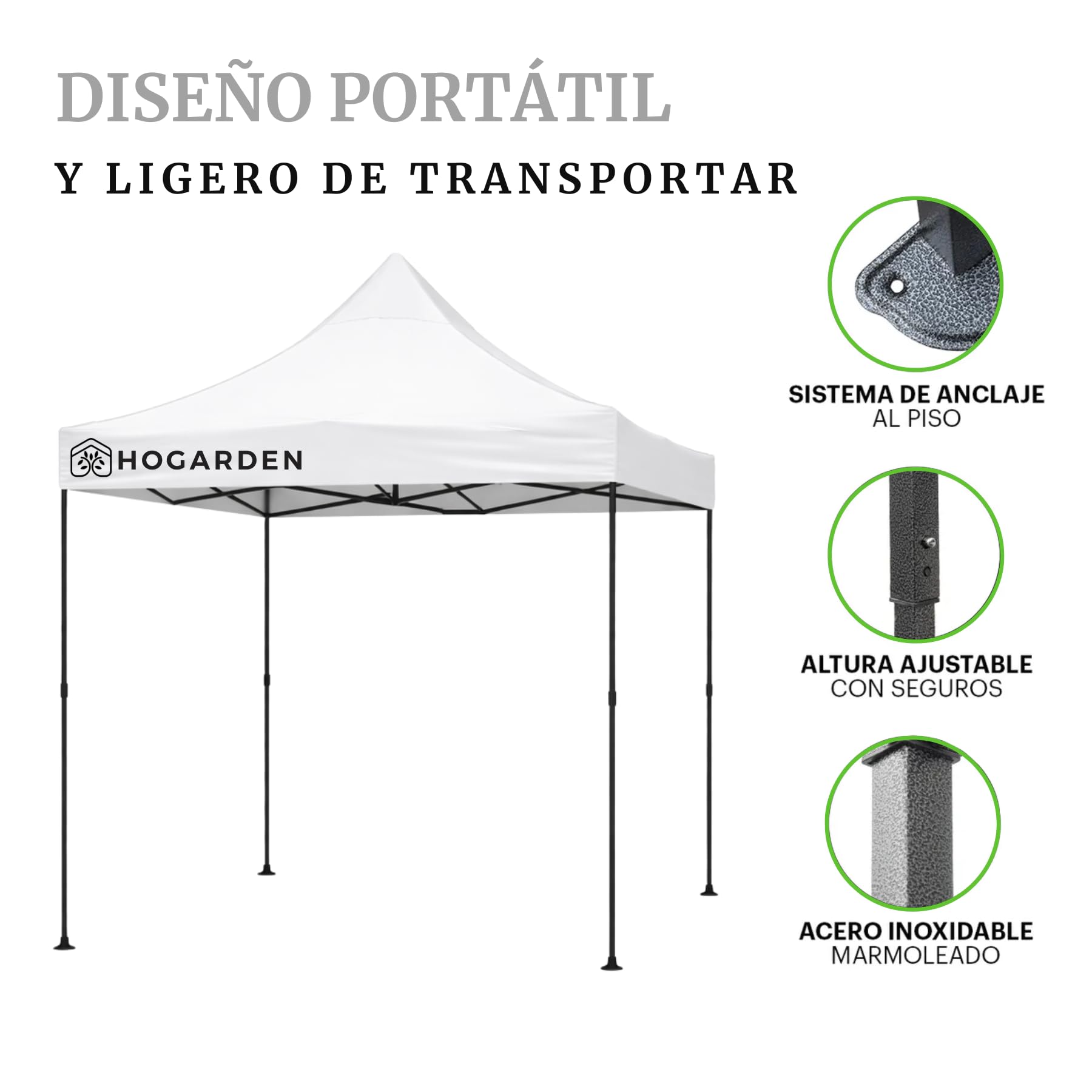 Carpa Plegable, 2x2 m, Acero Inoxidable, Impermeable, ProtecciÃ³n UV 99%, Altura Ajustable 4 Niveles, Variedad de Colores (Blanco)