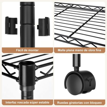 MXLENOBLE Estante de 5 repisas, Estantería de Almacenamiento Ajustable de estantes, Resistente en Ruedas de 4 Pulgadas, Estante Organizador de Metal, Cromado (IC085-B)