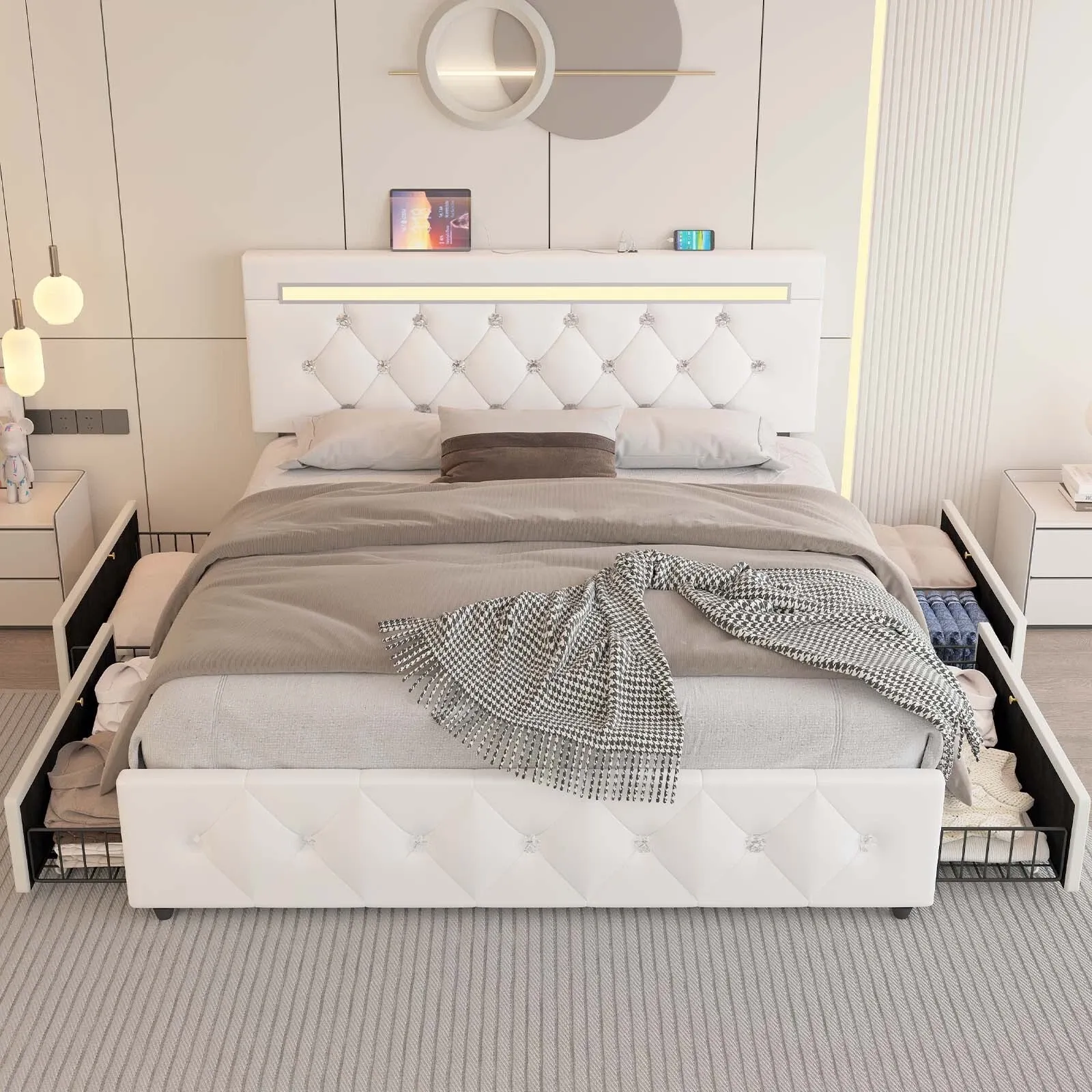 Marco de cama con plataforma tapizada en cuero de tamaño completo con luces LED y 4 cajones