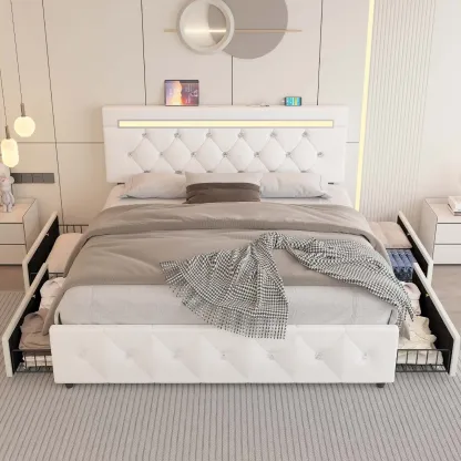 Marco de cama con plataforma tapizada en cuero de tamaño completo con luces LED y 4 cajones