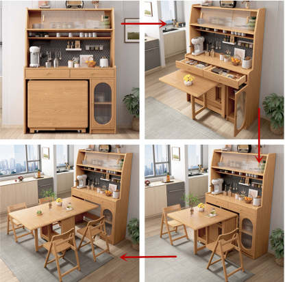 Gabinete de cocina con mesa de comedor de doble hoja abatible y 4 sillas plegables