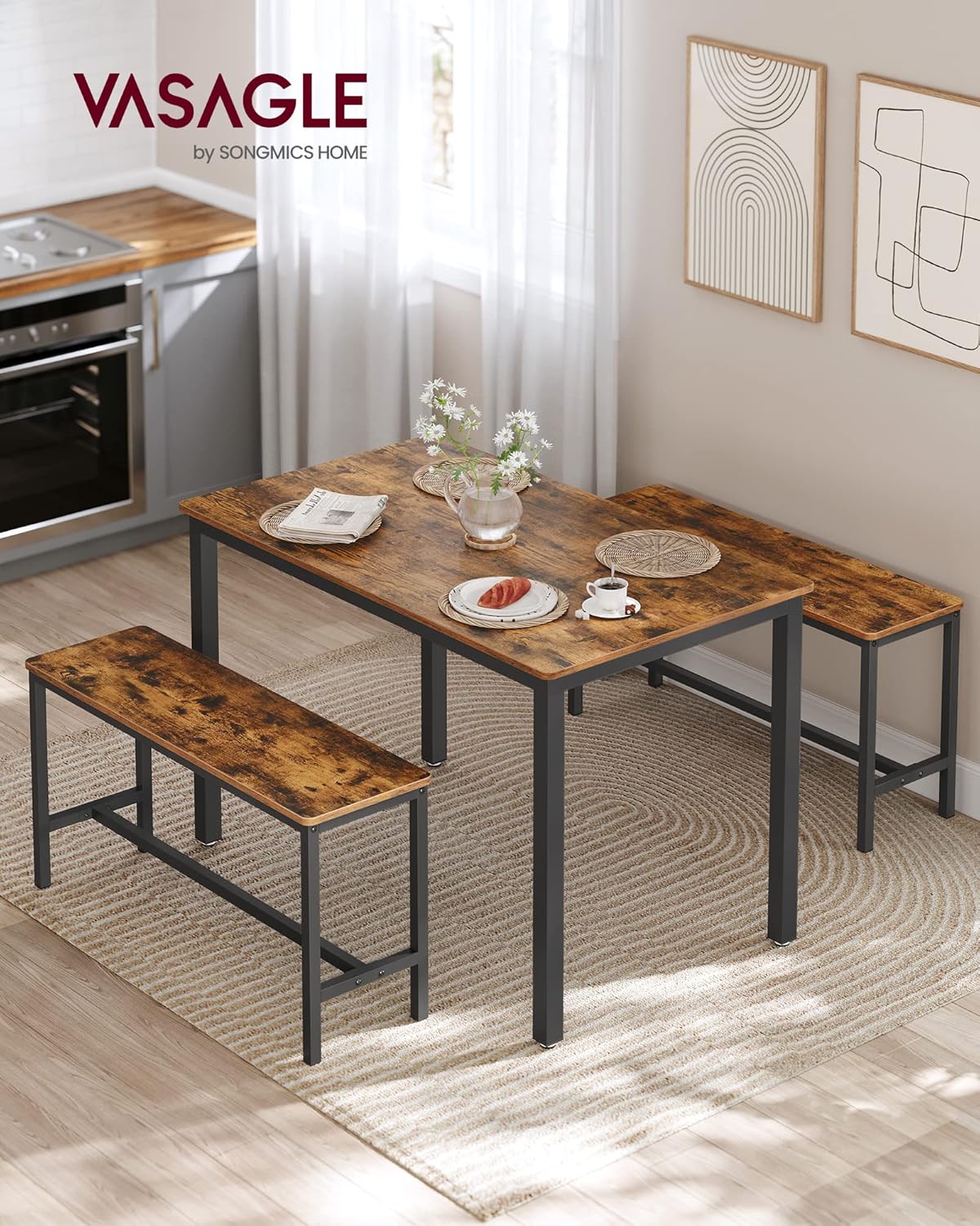 VASAGLE UKDT070B01 - Juego de Mesa de Comedor, Mesa de Cocina con sillas, Industrial para Cocina, Sala de Estar, Sala de Fiesta, café rústico y Negro