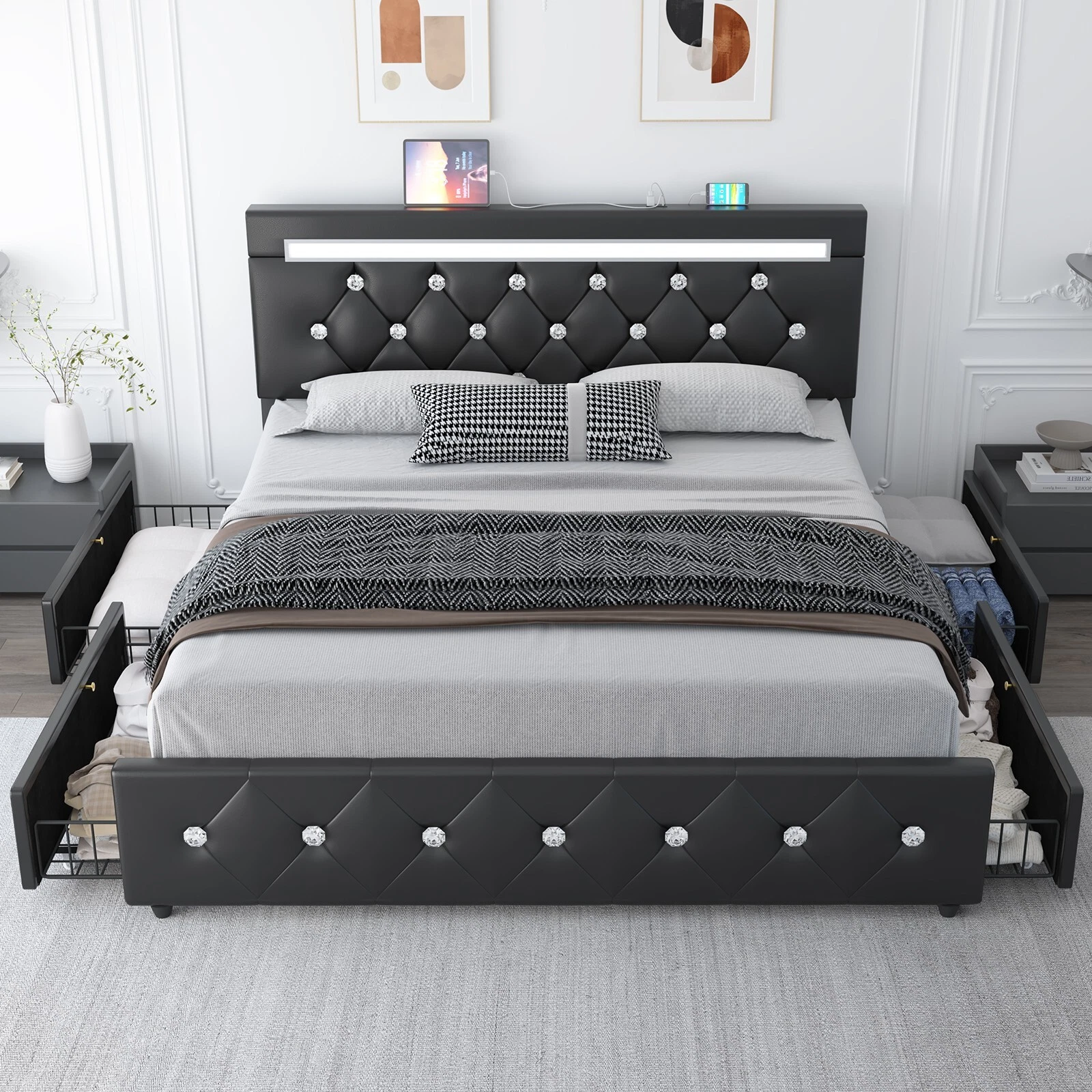 Marco de cama con plataforma tapizada en cuero de tamaño completo con luces LED y 4 cajones