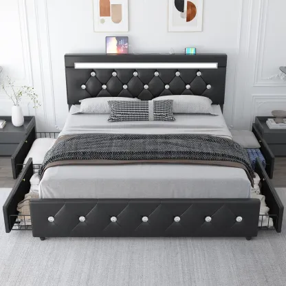 Marco de cama con plataforma tapizada en cuero de tamaño completo con luces LED y 4 cajones