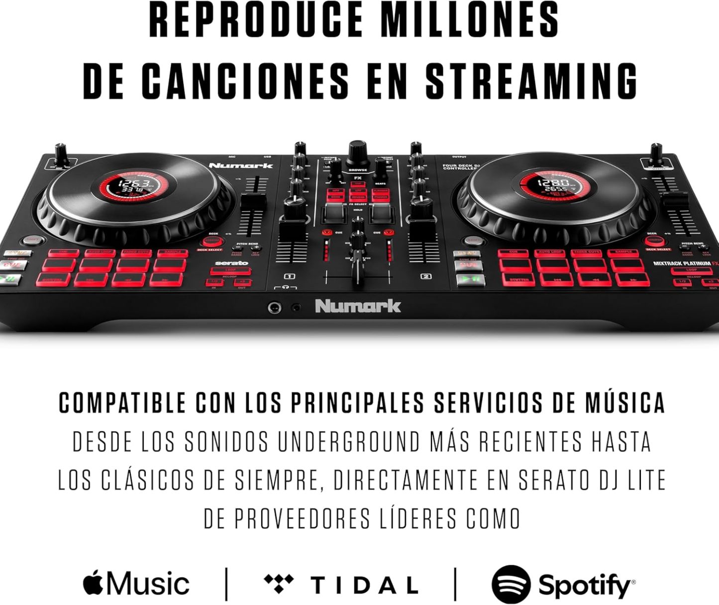 Numark Mixtrack Platinum FX Controlador DJ Para Serato DJ Con Control de 4 Secciones, Mezclador DJ, Interfaz de Audio Incorporada, Pantallas en Las Ruedas de Selección y Paletas de Efectos