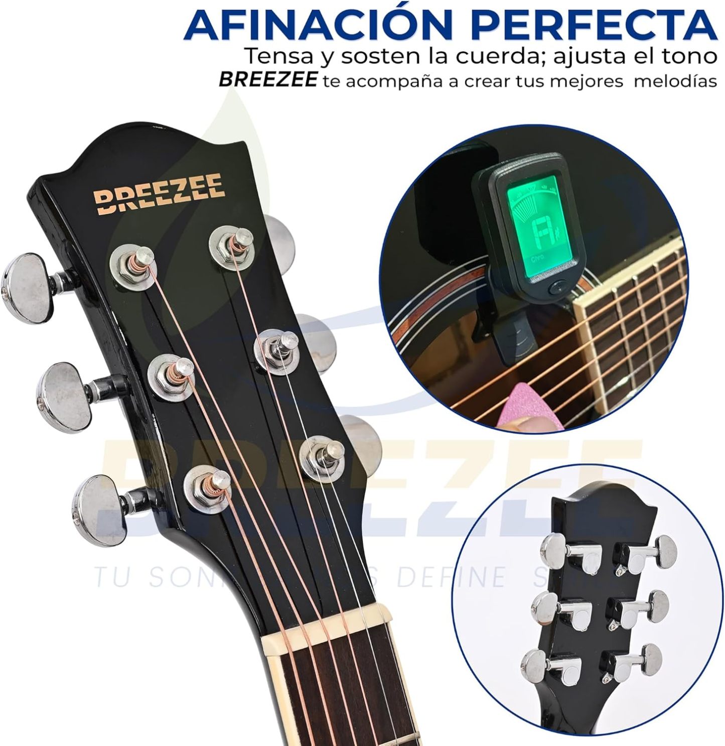 BREEZEE Guitarra Electroacústica de 40” Diseñada sobre Abeto, Merbau, Okume y Palisandro. Acabado de Barniz en Pulverización, Incluye Set de Accesorios Completo para Principiante