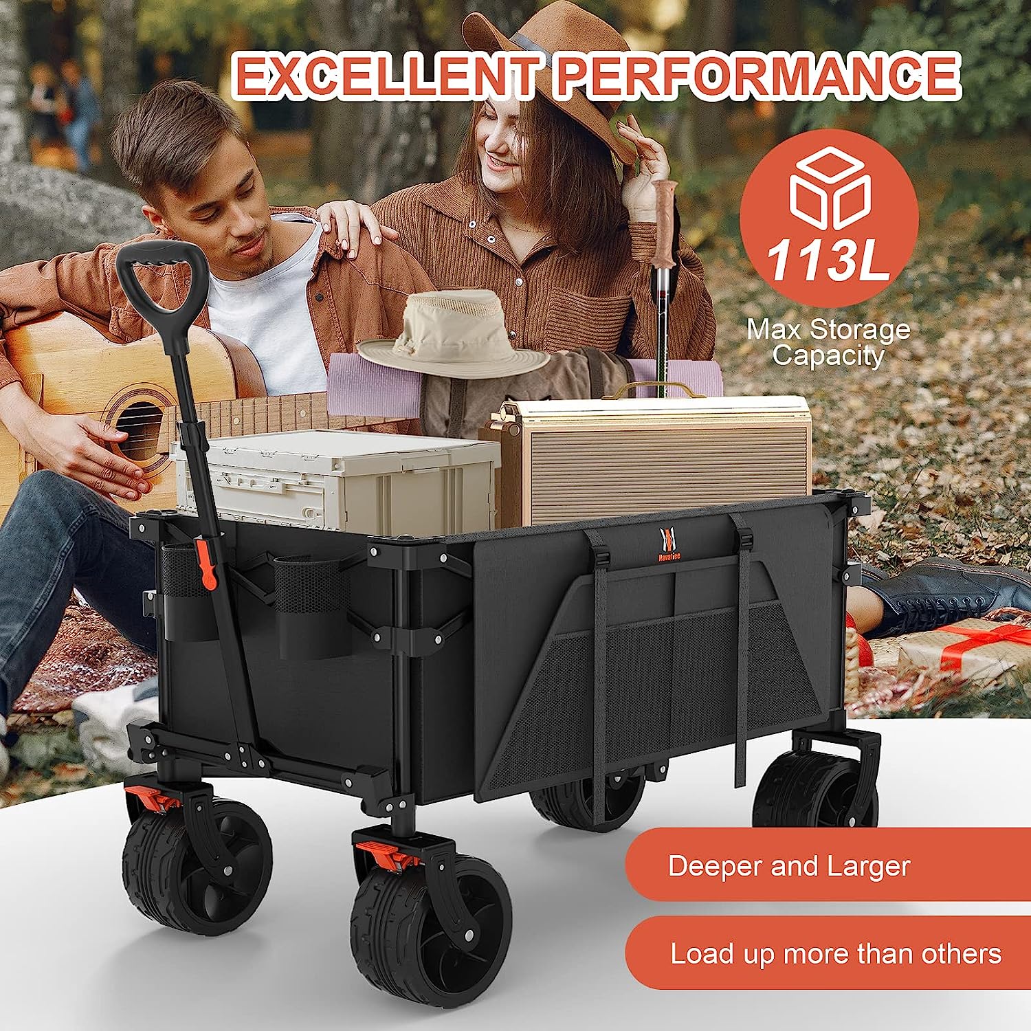 Navatiee Collapsible Folding Wagon, Beach Wagon Cart Heavy Duty Foldable with Big Wheels