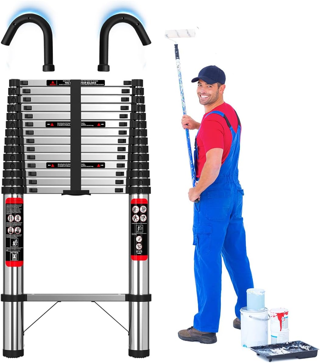 Escalera Telescópica 5 Metros Escalera de Tijera Aceros Inoxidables Plegable 2.5M+2.5M, Multiusos Retráctil Portátiles, Soporta 150 kg con Bloqueos de Seguridad