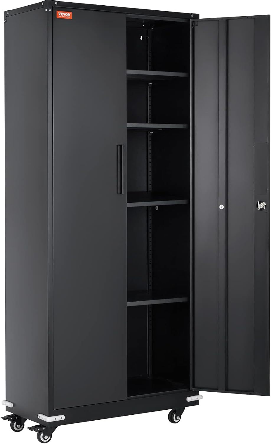 Metal Storage Cabinet with Wheels, 75'' Locking Steel Storage Cabinet with 2 Magnetic Doors and 4 Adjustable Shelves for Office, Garage, Home