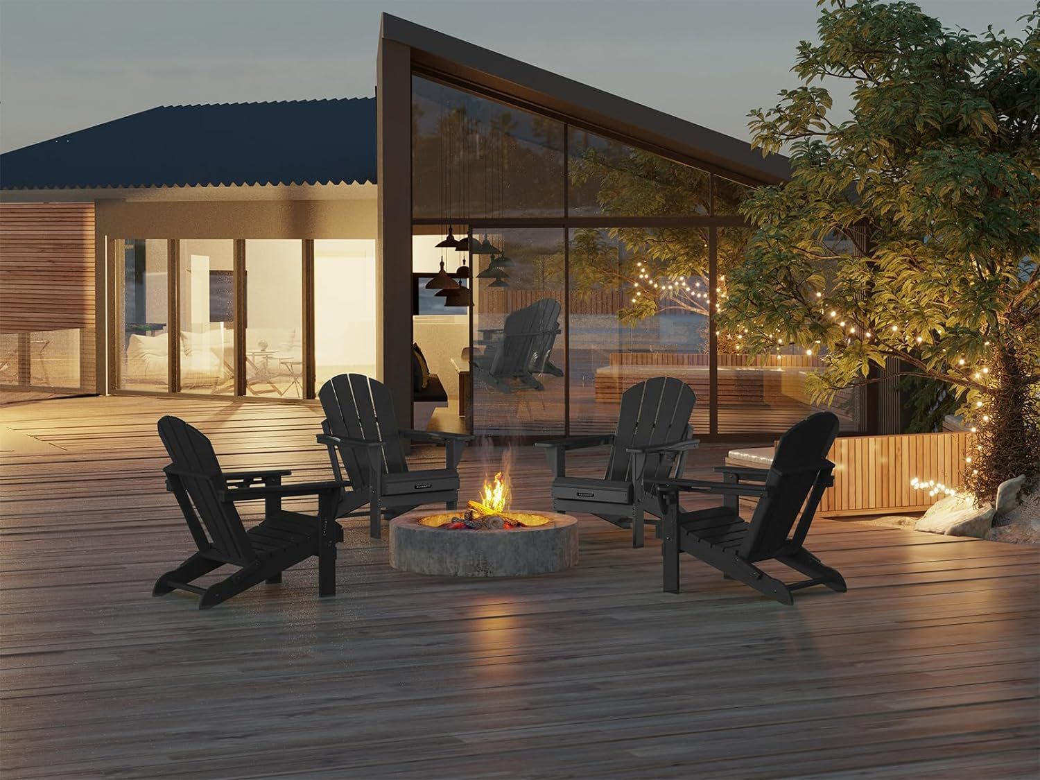 MUCHENGHY Sillas plegables Adirondack, sillas de patio, sillas para hogueras, sillas de exterior, sillas Adirondack de plástico, sillas de césped resistentes a la intemperie con portavasos para terraza, patio trasero, jardín (negro)