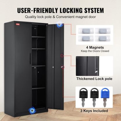 Metal Storage Cabinet with Wheels, 75'' Locking Steel Storage Cabinet with 2 Magnetic Doors and 4 Adjustable Shelves for Office, Garage, Home