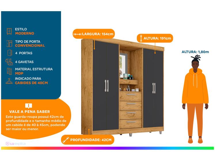 Armario con Espejo 4 Puertas 4 Cajones Araplac Beijing