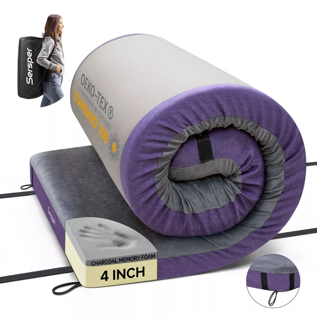 Sersper Colchón de exterior de 4 pulgadas con bolsillo lateral,Impermeable,Portátil,Plegable