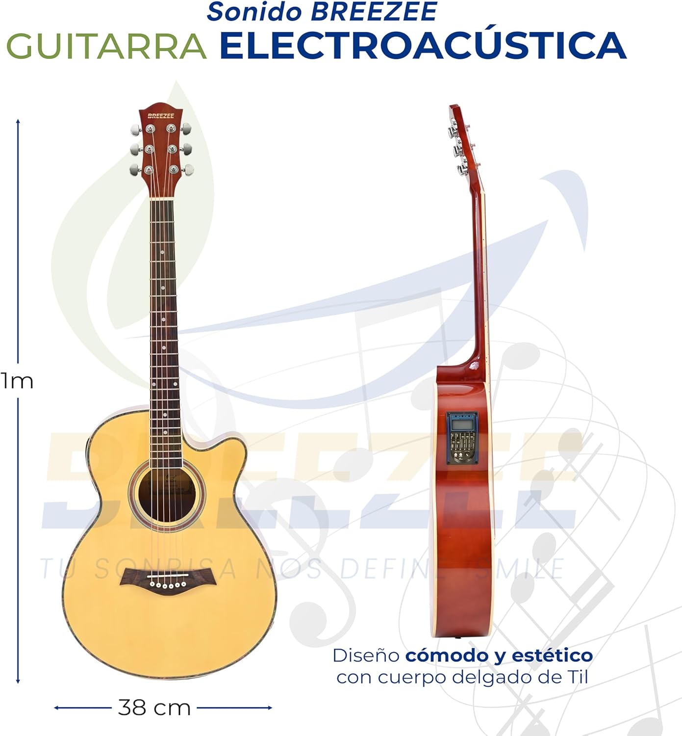 BREEZEE Guitarra Electroacústica de 40” Diseñada sobre Abeto, Merbau, Okume y Palisandro. Acabado de Barniz en Pulverización, Incluye Set de Accesorios Completo para Principiante