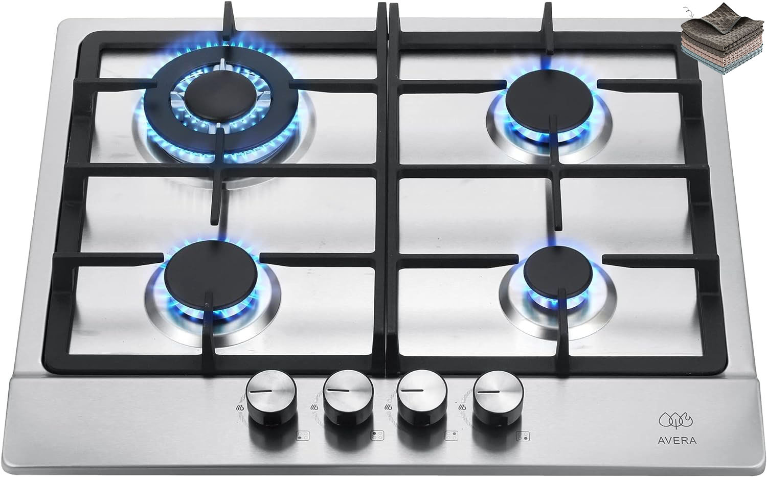 Parrilla de gas AVERA 4 fuegos, 60 cm de acero inoxidable (incluidos accesorios de montaje), encendido electrónico, pomos metálicos, placa integrada, apta para GLP y gas natural, AI4