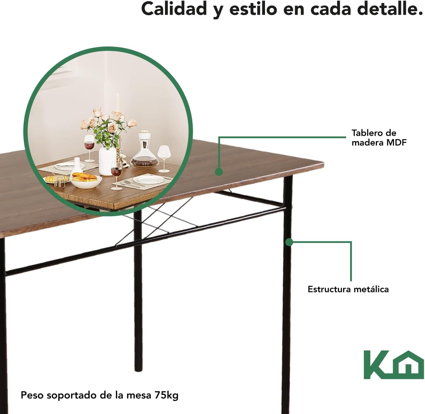Kingshouse | Mesa de Comedor con 4 Sillas – Mesa de Madera MDF para 4 Personas – Estructura metálica – Moderna Minimalista – Juego de Mesa + 4 Sillas – Muebles para Cocina Restaurante y Cafeterías