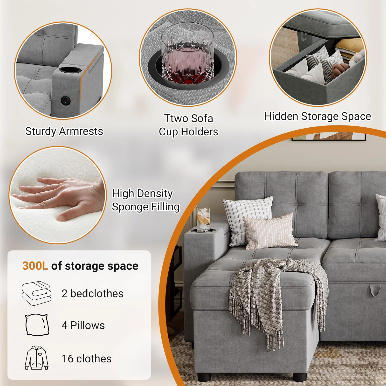 🔥Sofá seccional en forma de U con chaise doble Sofá cama extraíble 2 en 1 USB-A tipo C