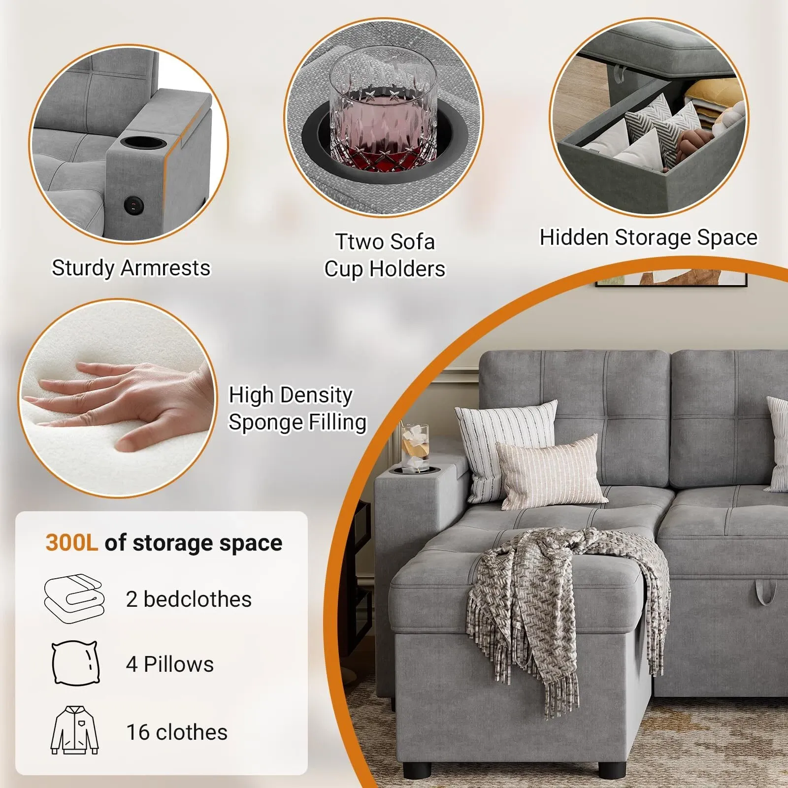 🔥Sofá seccional en forma de U con chaise doble Sofá cama extraíble 2 en 1 USB-A tipo C