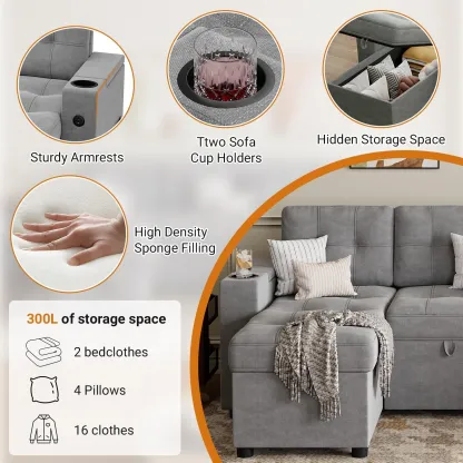 🔥Sofá seccional en forma de U con chaise doble Sofá cama extraíble 2 en 1 USB-A tipo C