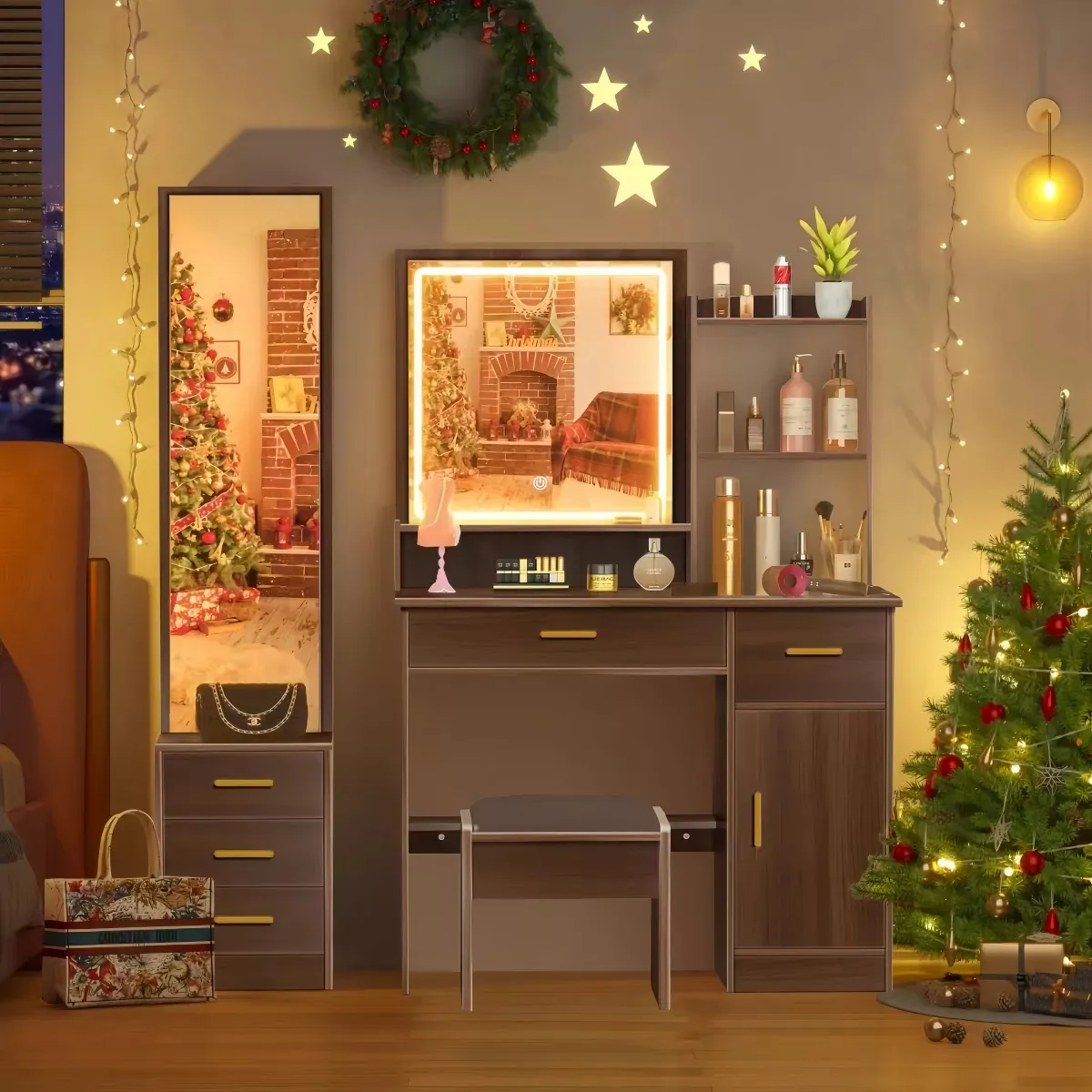 Tocador De Dormitorio Con Luces Led Y Dos Espejos Con Banco